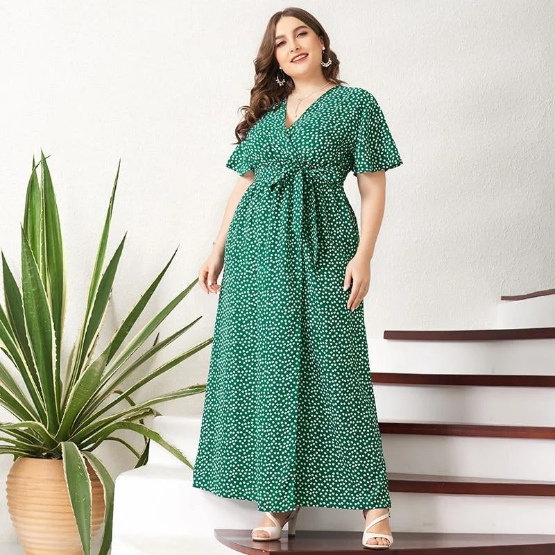 Durable Denim Maxi Dresses for Casual OutingsFashionSierra - Summer Maxi Dress Women Green Floral Sashes Front Belted Split Flared Short Sleeve V-neck Boho Holiday Robes