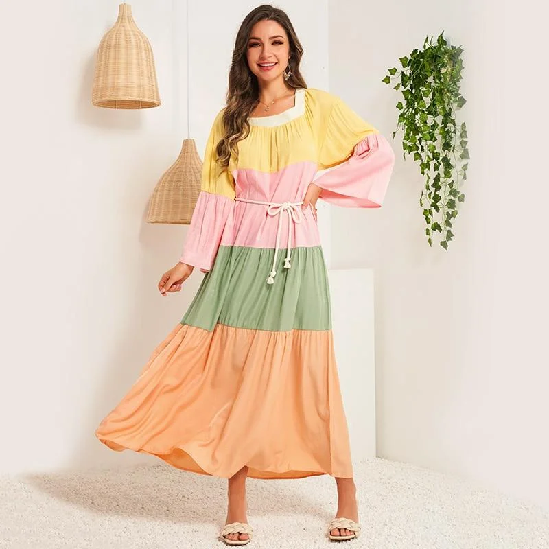 Maxi Dresses with Ethnic Embroidery for Cultural EventsFashionSierra - Summer Women Dress Multicolor Stitching Flared Long Sleeves Sashes Belted Bohemian Holiday Casual Elegant Maxi Dresses