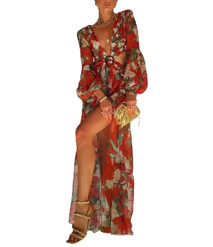Maxi Dresses with Long - Sleeve Lace Inserts for a Romantic LookFashionSierra - Long Puff Sleeves Prom Dresses