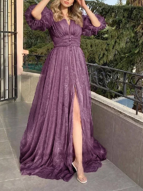 Maxi Dresses with Asymmetric Hemlines for a Modern AppealFashionSierra - New Style Sexy Lace Purple Mesh Half Sleeved Prom Dresses