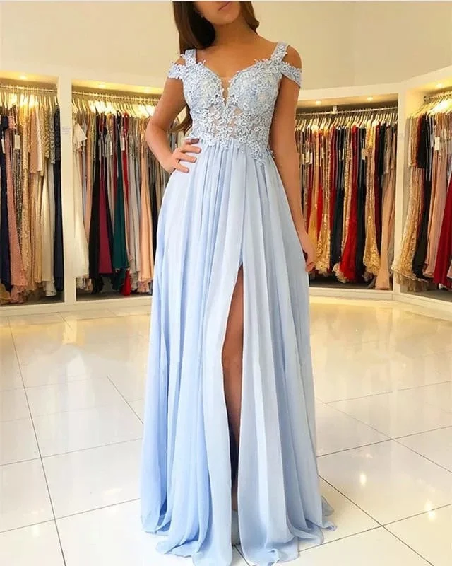 Versatile Gray Maxi Dresses for Any OccasionFashionSierra - Long Side Split Off Shoulder Lace Sky Blue evening Dresses