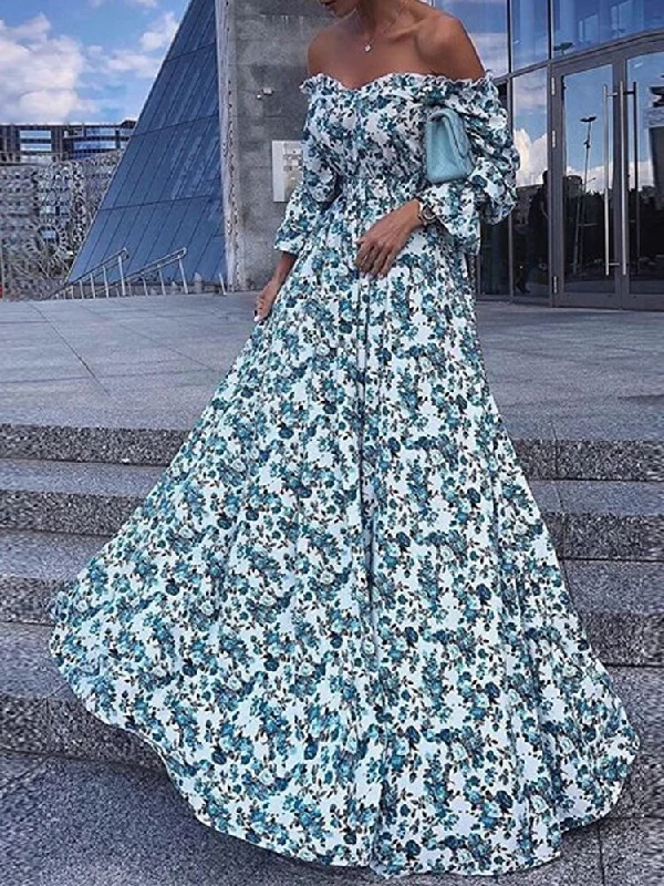 Vintage - Style Corduroy Maxi Dresses for AutumnFashionSierra - Summer Floral Print Sexy Boat Neck Prom Dresses