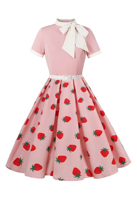 "Short dresses for women for a night out clubbing"A Line Blush Strawberry Printed 1950s Dress with Short Sleeves "Short dresses for women for a night out clubbing"A Line Blush Strawberry Printed 1950s Dress with Short Sleeves
