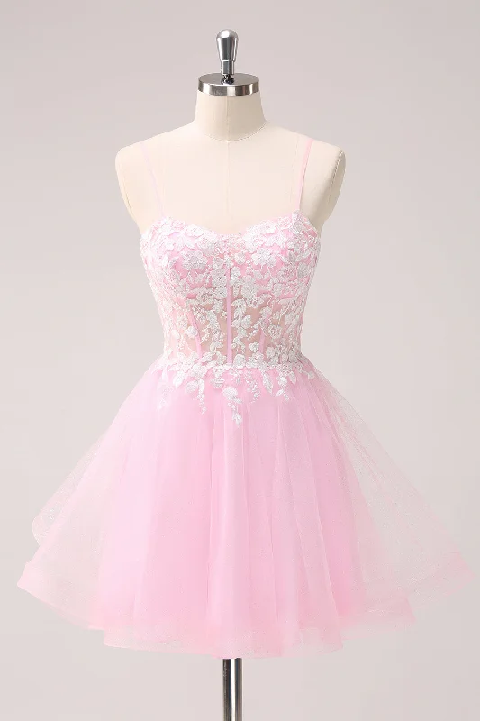 "Work - appropriate dresses for professional women"Pink A Line Spaghetti Straps Tulle Corset Homecoming Dress with Appliques "Work - appropriate dresses for professional women"Pink A Line Spaghetti Straps Tulle Corset Homecoming Dress with Appliques