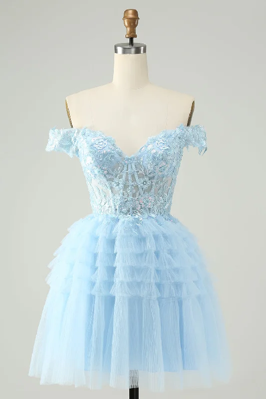"Midi dresses for women with unique patterns"Light Blue A Line Off The Shoulder Corset Short Homecoming Dress "Midi dresses for women with unique patterns"Light Blue A Line Off The Shoulder Corset Short Homecoming Dress