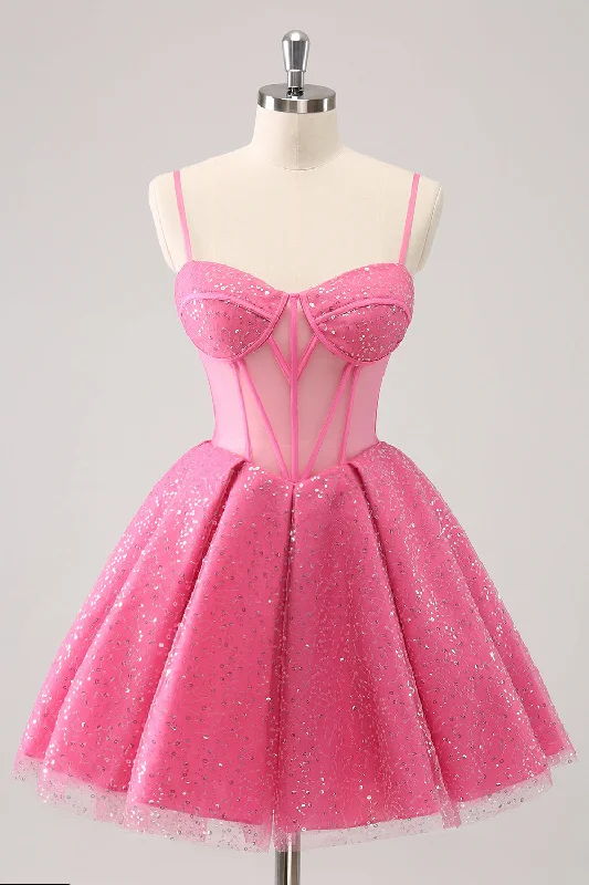 "Pleated dresses for women with a graceful movement"Pink A-Line Spaghetti Straps Corset Cocktail Dress with Sequins "Pleated dresses for women with a graceful movement"Pink A-Line Spaghetti Straps Corset Cocktail Dress with Sequins