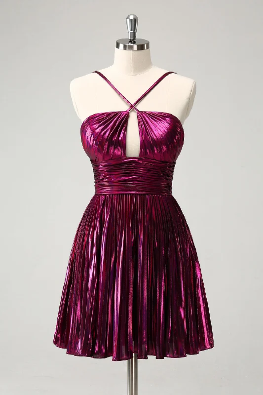 "Comfortable maternity dresses for pregnant women"Purple A Line Halter Pleated Short Homecoming Dress With Hollow Out "Comfortable maternity dresses for pregnant women"Purple A Line Halter Pleated Short Homecoming Dress With Hollow Out