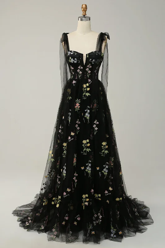 "Exclusive Discount: 30% Off All Women's Dresses for a Limited Period"A Line Spaghetti Straps Black Corset Prom Dress with Embroidery "Exclusive Discount: 30% Off All Women's Dresses for a Limited Period"A Line Spaghetti Straps Black Corset Prom Dress with Embroidery