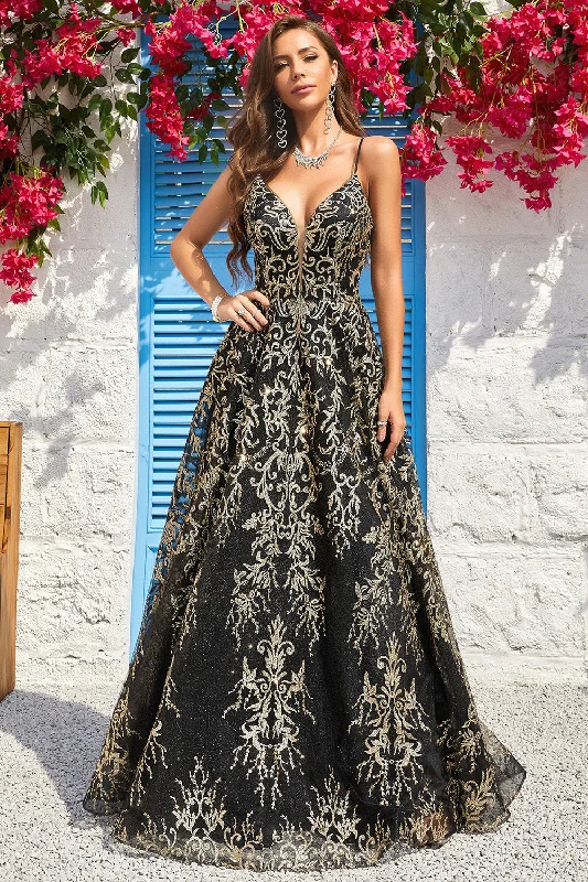 "Wrap dresses for women for an adjustable fit"A Line Spaghetti Straps Black Golden Long Prom Dress with Bronzing "Wrap dresses for women for an adjustable fit"A Line Spaghetti Straps Black Golden Long Prom Dress with Bronzing