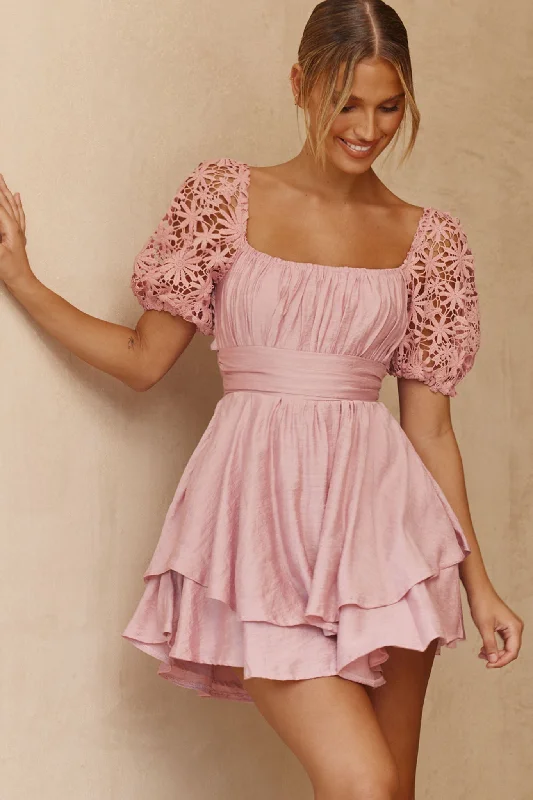 "Bohemian - style women's dresses for music festivals"Abby Lace Puff Sleeve Tie-Up Back Dress Blush "Bohemian - style women's dresses for music festivals"Abby Lace Puff Sleeve Tie-Up Back Dress Blush