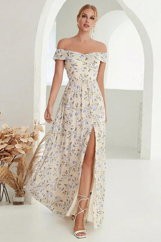 "Work - appropriate dresses for professional women"Apricot A-Line Off the Shoulder Floral Long Prom Dress with Slit "Work - appropriate dresses for professional women"Apricot A-Line Off the Shoulder Floral Long Prom Dress with Slit