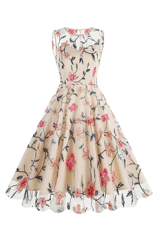 "A - line dresses for women to flatter the figure"Apricot Elegant Floral Embroidered Sleeveless Midi Vintage Dress "A - line dresses for women to flatter the figure"Apricot Elegant Floral Embroidered Sleeveless Midi Vintage Dress