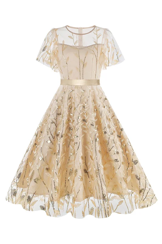 "Pleated dresses for women with a graceful movement"Apricot Sequined Leaf Embroidered Mesh Overlay Elegant Vintage Dress "Pleated dresses for women with a graceful movement"Apricot Sequined Leaf Embroidered Mesh Overlay Elegant Vintage Dress