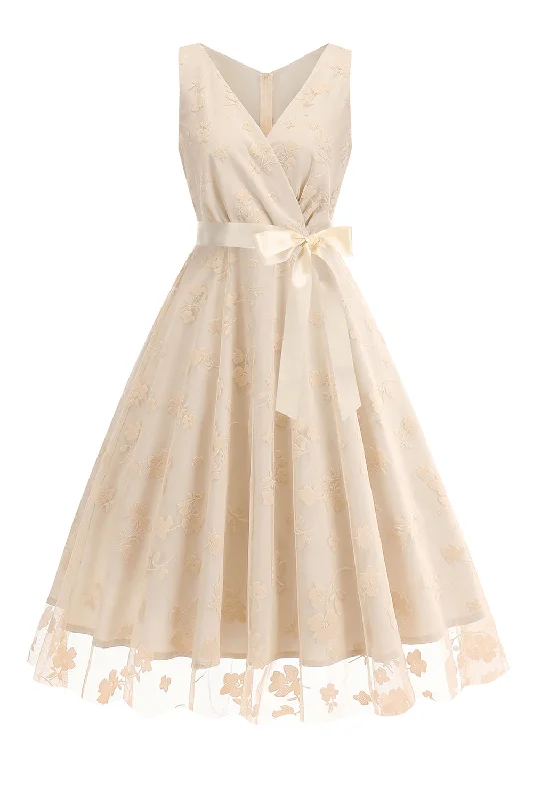 "Midi dresses for women with unique patterns"Apricot V-Neck Flower Printed 1950s Dress with Bow "Midi dresses for women with unique patterns"Apricot V-Neck Flower Printed 1950s Dress with Bow