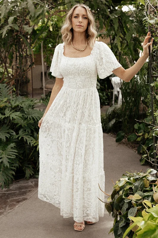 Maxi Dresses with Long - Sleeve Lace Inserts for a Romantic LookAspen Smocked Lace Maxi Dress | Off White Maxi Dresses with Long - Sleeve Lace Inserts for a Romantic LookAspen Smocked Lace Maxi Dress | Off White