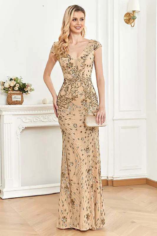 "Off - shoulder dresses for women to show off collarbones"Beading Golden Sheath Formal Dress with V-neck "Off - shoulder dresses for women to show off collarbones"Beading Golden Sheath Formal Dress with V-neck