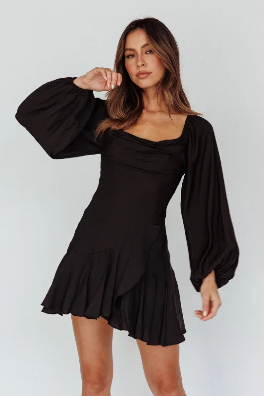 "Flash Sale: Grab Your Favorite Women's Dresses at Unbeatable Prices!"Beaujolais Long Sleeve Cowl Neckline Ruffle Satin Mini Dress Black "Flash Sale: Grab Your Favorite Women's Dresses at Unbeatable Prices!"Beaujolais Long Sleeve Cowl Neckline Ruffle Satin Mini Dress Black