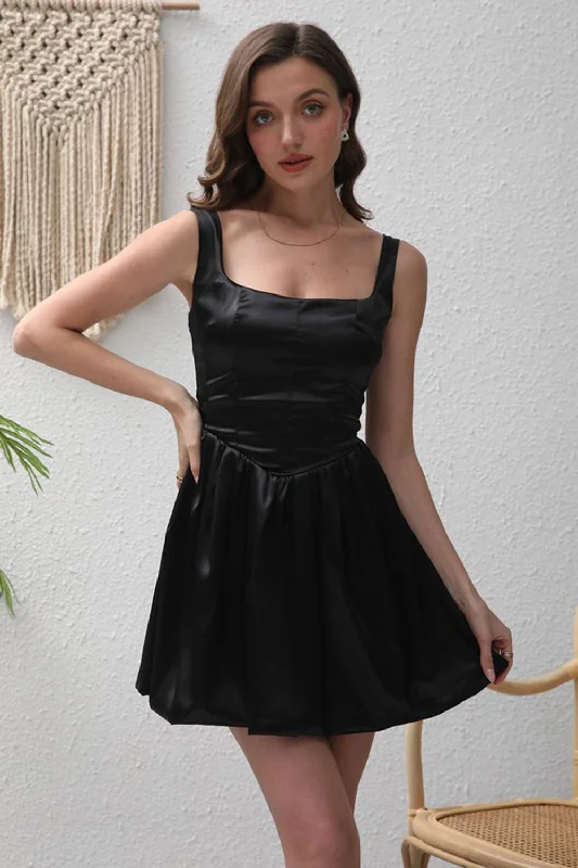 "Sustainable and eco - friendly women's dresses"Black A-Line Satin Mini Party Dress "Sustainable and eco - friendly women's dresses"Black A-Line Satin Mini Party Dress