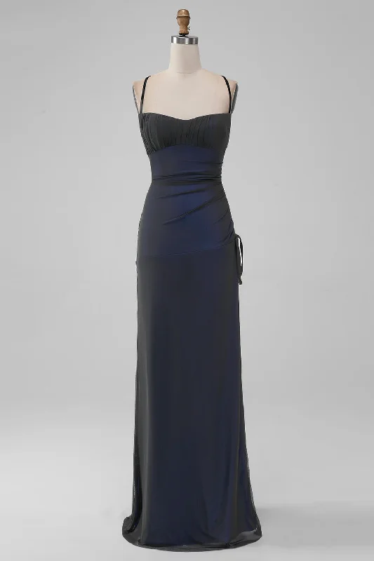 "A - line dresses for women to flatter the figure"Black Blue Spaghetti Straps Mermaid Pleated Long Prom Dress with Slit "A - line dresses for women to flatter the figure"Black Blue Spaghetti Straps Mermaid Pleated Long Prom Dress with Slit