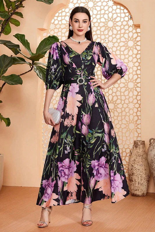 "Maxi dresses for women to wear in the fall"Black Floral A-Line V Neck Long Prom Dress with Belt "Maxi dresses for women to wear in the fall"Black Floral A-Line V Neck Long Prom Dress with Belt