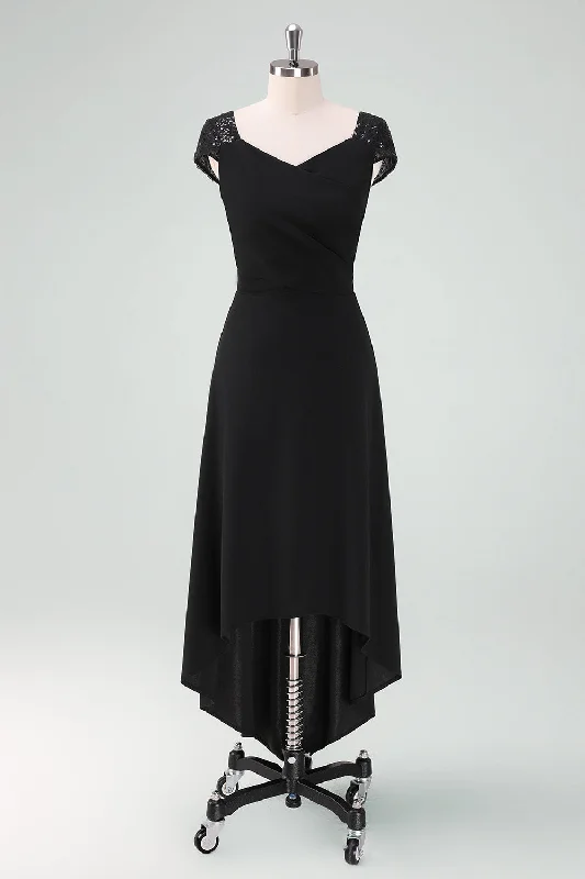 "Animal print dresses for women who love bold styles"Black High-Low Cocktail Dress with Cap Sleeves "Animal print dresses for women who love bold styles"Black High-Low Cocktail Dress with Cap Sleeves
