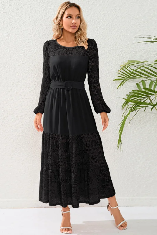 "Stylish cocktail dresses for women on a budget"Black Lace A-Line Long Sleeves Scoop Long Party Dress with Belt "Stylish cocktail dresses for women on a budget"Black Lace A-Line Long Sleeves Scoop Long Party Dress with Belt