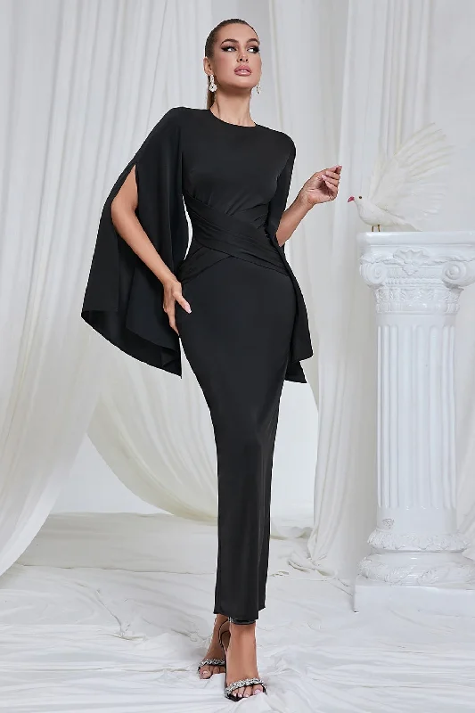 "Designer - inspired women's evening dresses"Black Mermaid Long Sleeves Ruched Long Prom Dress with Slit "Designer - inspired women's evening dresses"Black Mermaid Long Sleeves Ruched Long Prom Dress with Slit
