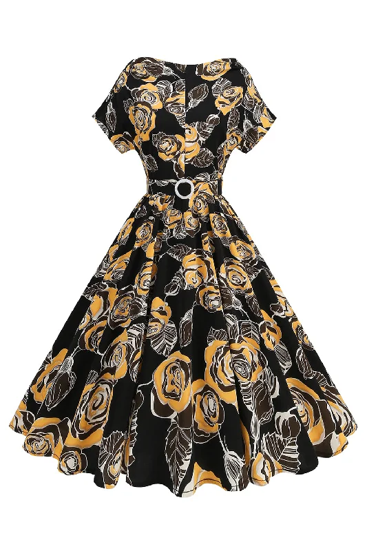 "Striped dresses for women with a classic touch"Black Rose Printed A-Line Boat Neck Midi 1950s Dress "Striped dresses for women with a classic touch"Black Rose Printed A-Line Boat Neck Midi 1950s Dress