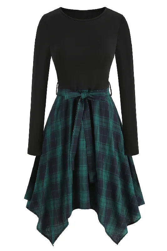 "Off - shoulder dresses for women to show off collarbones"Black Round Neck Plaid Splicing Long Sleeve Irregular Hem Vintage Dress "Off - shoulder dresses for women to show off collarbones"Black Round Neck Plaid Splicing Long Sleeve Irregular Hem Vintage Dress