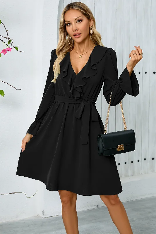 "Trendy casual dresses for women to wear at the beach"Black Ruffle Bell Long Sleeves A-Line Short Party Dress with Belt "Trendy casual dresses for women to wear at the beach"Black Ruffle Bell Long Sleeves A-Line Short Party Dress with Belt