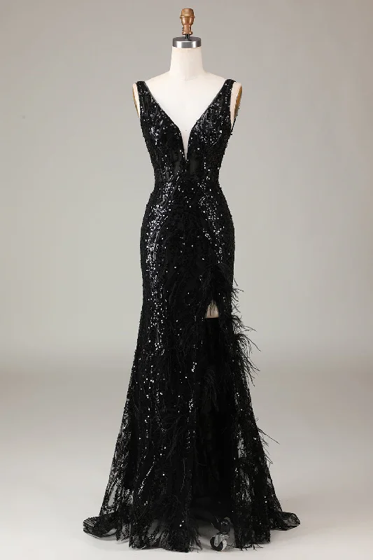 "Animal print dresses for women who love bold styles"Black Sparkly Depp V-neck Mermaid Prom Dress with Feathers "Animal print dresses for women who love bold styles"Black Sparkly Depp V-neck Mermaid Prom Dress with Feathers
