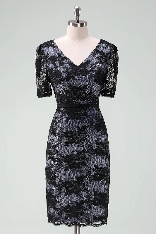 "Affordable plus size women's summer dresses"Black V-Neck Lace Sheath Midi Mother of Bride Dress with Short Sleeves "Affordable plus size women's summer dresses"Black V-Neck Lace Sheath Midi Mother of Bride Dress with Short Sleeves