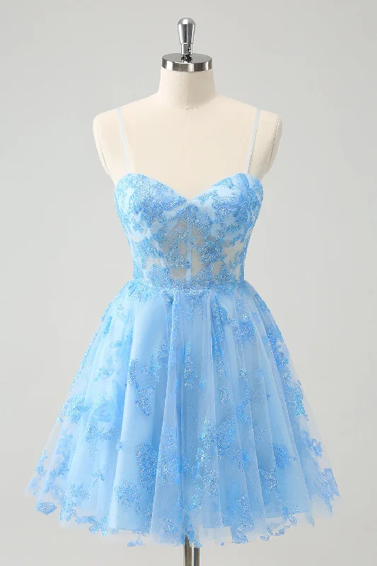 "Short dresses for women for a night out clubbing"Blue A Line Spaghetti Straps Corset Glow In The Dark Homecoming Dresses "Short dresses for women for a night out clubbing"Blue A Line Spaghetti Straps Corset Glow In The Dark Homecoming Dresses