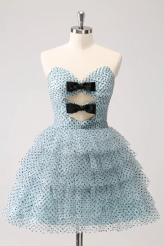 "Denim dresses for women for a casual and cool style"Blue A Line Tiered Dotted Strapless Homecoming Dress with Bows "Denim dresses for women for a casual and cool style"Blue A Line Tiered Dotted Strapless Homecoming Dress with Bows