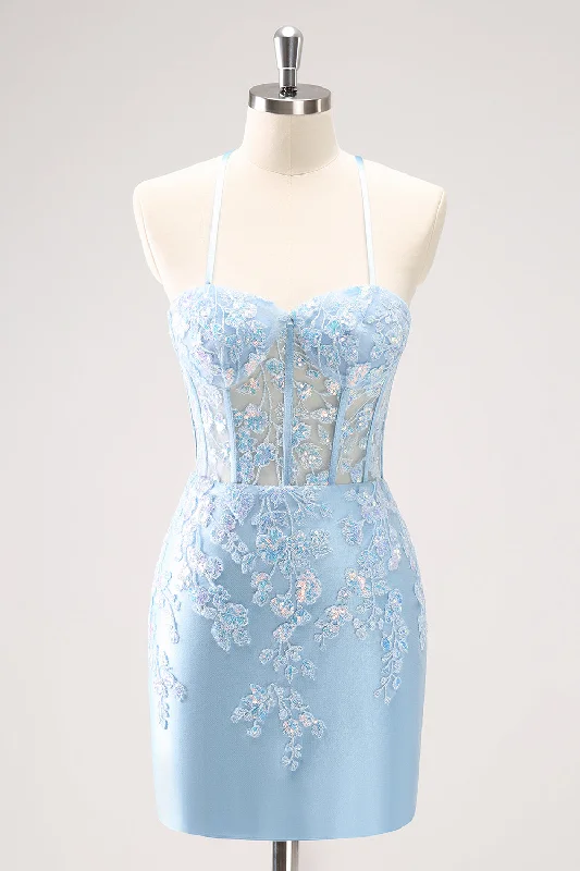 "Sleeveless dresses for women during hot summer days"Blue Spaghetti Straps Corset Applique Tight Homecoming Dress with Sequins "Sleeveless dresses for women during hot summer days"Blue Spaghetti Straps Corset Applique Tight Homecoming Dress with Sequins
