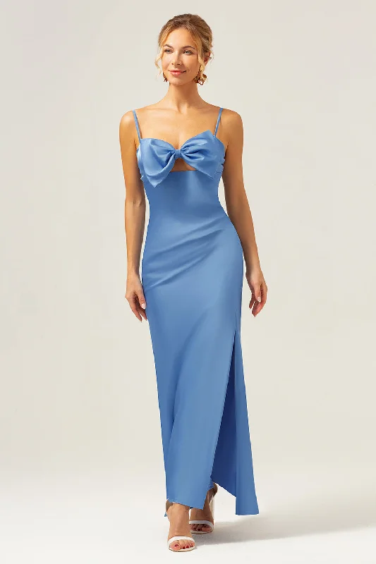 "Petite women's dresses with flattering fits"Blue Mermaid Spaghetti Straps Long Bridesmaid Dress with Bowknot "Petite women's dresses with flattering fits"Blue Mermaid Spaghetti Straps Long Bridesmaid Dress with Bowknot