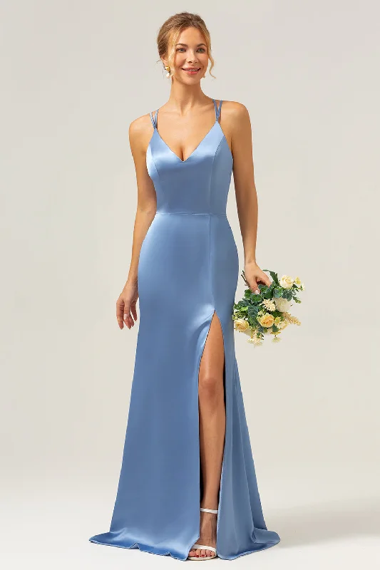 "Designer - inspired women's evening dresses"Blue Mermaid Spaghetti Straps Long Satin Bridesmaid Dress with Slit "Designer - inspired women's evening dresses"Blue Mermaid Spaghetti Straps Long Satin Bridesmaid Dress with Slit