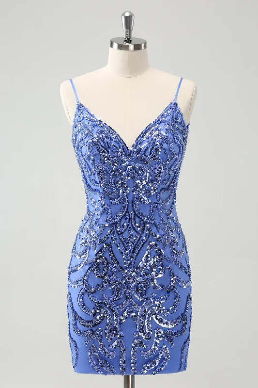 "Long sleeve dresses for women in cold weather"Blue Backless Spaghetti Straps Tight Homecoming Dress with Sequins "Long sleeve dresses for women in cold weather"Blue Backless Spaghetti Straps Tight Homecoming Dress with Sequins