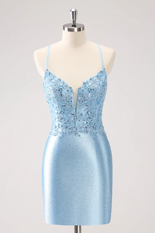 "Chiffon dresses for women with a flowy and light feel"Blue Spaghetti Straps Tight Short Homecoming Dress with Appliques "Chiffon dresses for women with a flowy and light feel"Blue Spaghetti Straps Tight Short Homecoming Dress with Appliques