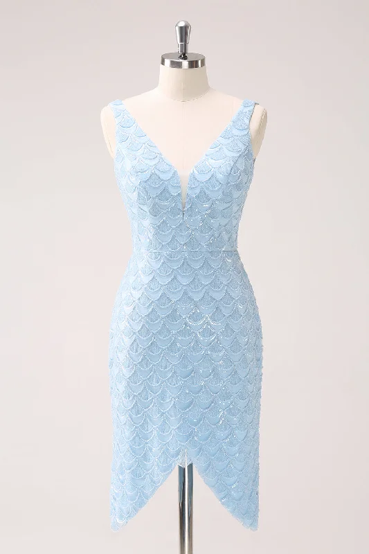 "Vintage - look women's dresses for a retro charm"Sparkly Blue Tight V-Neck Sequin Homecoming Dress with Lace Up Back "Vintage - look women's dresses for a retro charm"Sparkly Blue Tight V-Neck Sequin Homecoming Dress with Lace Up Back