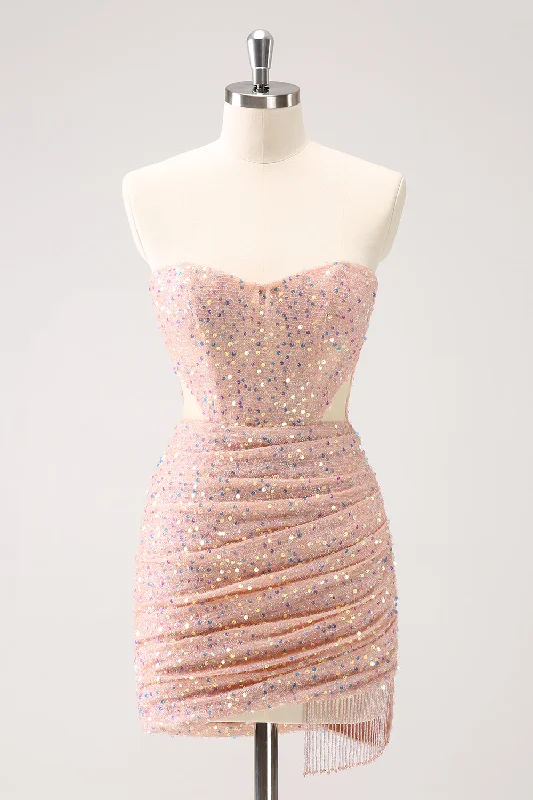 "New Arrivals Discount: 20% Off on Latest Women's Dress Collections"Blush Bodycon Strapless Hollow Out Sequins Ruched Homecoming Dress with Tassel "New Arrivals Discount: 20% Off on Latest Women's Dress Collections"Blush Bodycon Strapless Hollow Out Sequins Ruched Homecoming Dress with Tassel