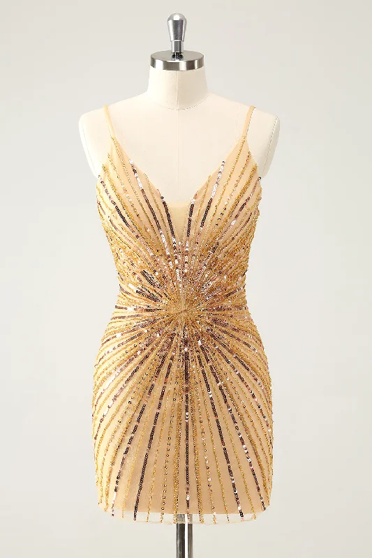 "Satin dresses for women for a luxurious appearance"Golden Tight Spaghetti Straps Homecoming Dress with Sequins
