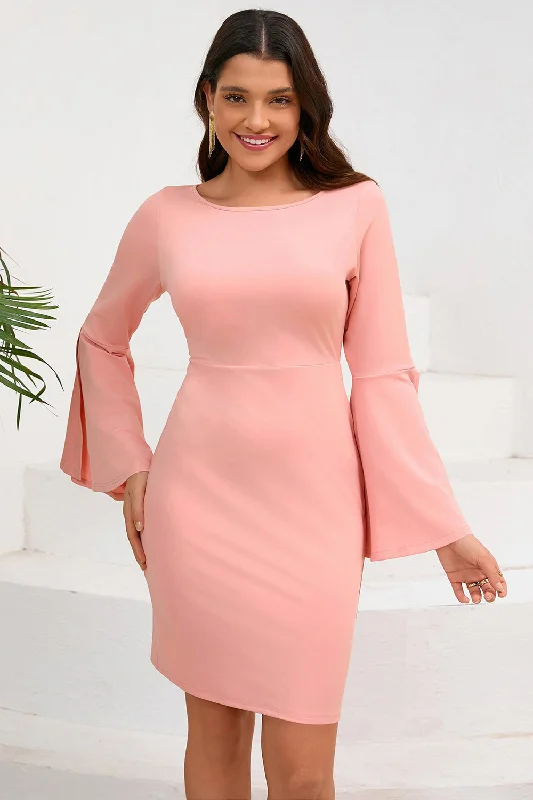 "Sleeveless dresses for women during hot summer days"Bodycon Pink Round Neck Midi Cocktail Dress with Long Sleeves "Sleeveless dresses for women during hot summer days"Bodycon Pink Round Neck Midi Cocktail Dress with Long Sleeves