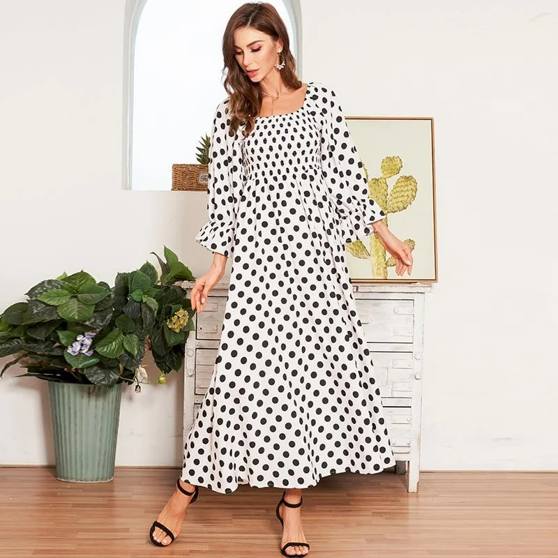 Long - Line Maxi Dresses with a Vest - Like DesignFashionSierra - Boho Polka Dot Long Dresses Women Flounce Sleeve Square Collar Summer Dress Women Maxi Dress Vestidos