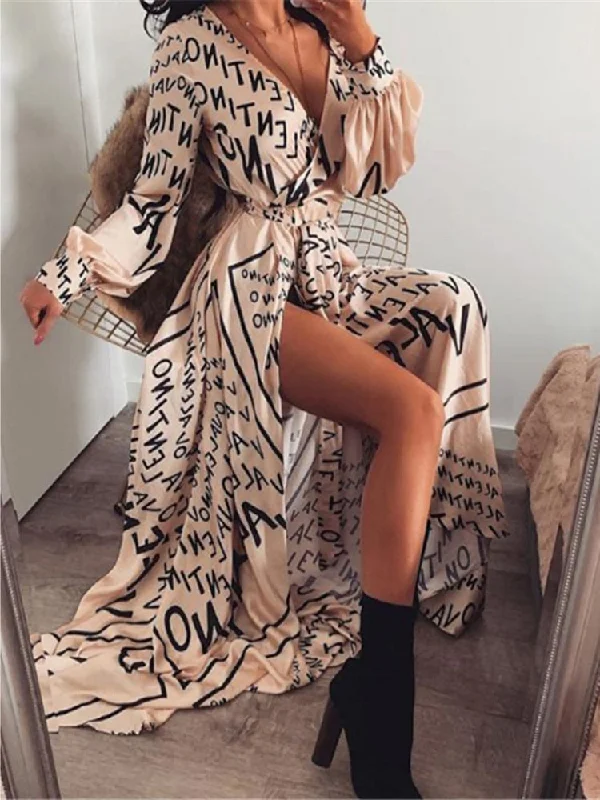 Short - Sleeved Maxi Dresses for Summer EveningsFashionSierra - Boho Printed Floral Long Maxi Dress Women Female Casual Loose Ankle-Length Empire V-Neck Long Splits Dresses