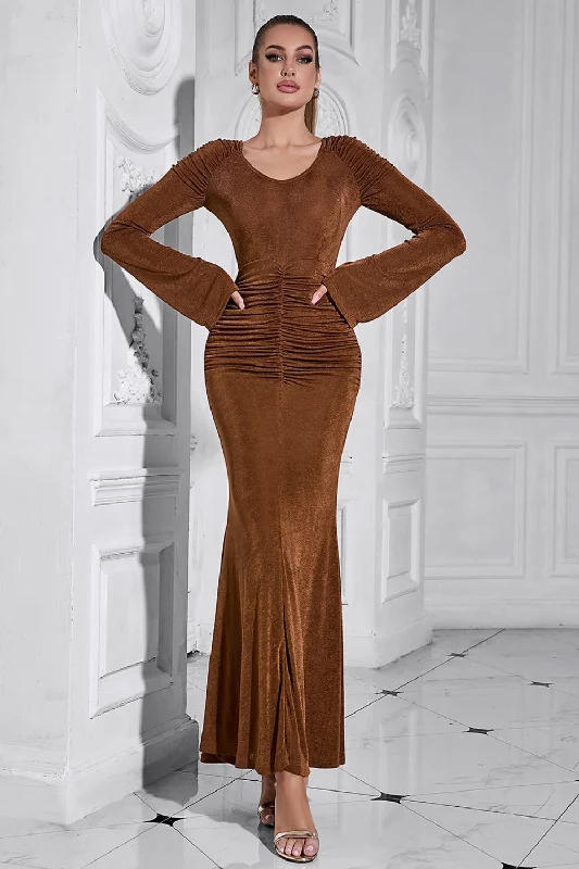 "Elegant wedding guest dresses for women under $100"Brown Mermaid Long Sleeves Ruched Round Neck Long Prom Dress "Elegant wedding guest dresses for women under $100"Brown Mermaid Long Sleeves Ruched Round Neck Long Prom Dress