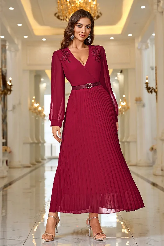 "Ruffled dresses for women for added femininity"Burgundy A Line V Neck Pleated Appliques Belted Prom Dress with Long Sleeves "Ruffled dresses for women for added femininity"Burgundy A Line V Neck Pleated Appliques Belted Prom Dress with Long Sleeves