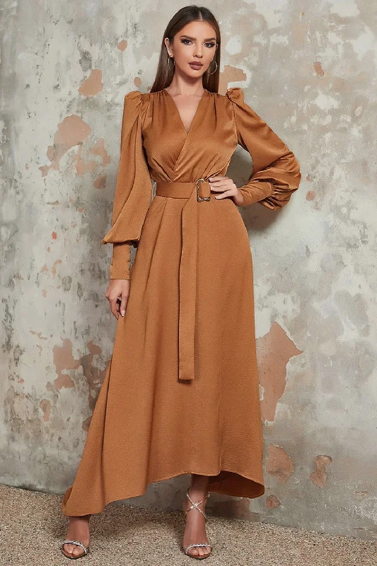 "Bundle and Save: Buy Multiple Women's Dresses and Get a Discount"Camel A-Line Wrap V Neck Long Sleeves Long Prom Dress with Belt