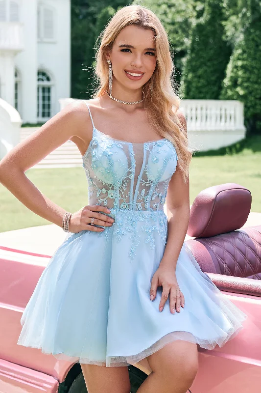 "Trendy casual dresses for women to wear at the beach"Cute Glitter A Line Beaded Corset Tulle Blue Homecoming Dress with Appliques "Trendy casual dresses for women to wear at the beach"Cute Glitter A Line Beaded Corset Tulle Blue Homecoming Dress with Appliques