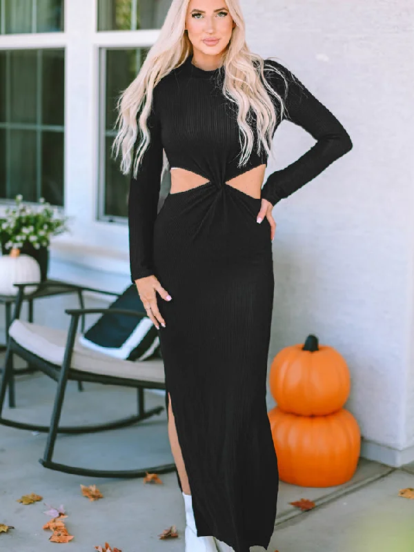 Maxi Dresses with Laser - Cut Patterns for a Modern LookCutout Round Neck Long Sleeve Slit Maxi Dress